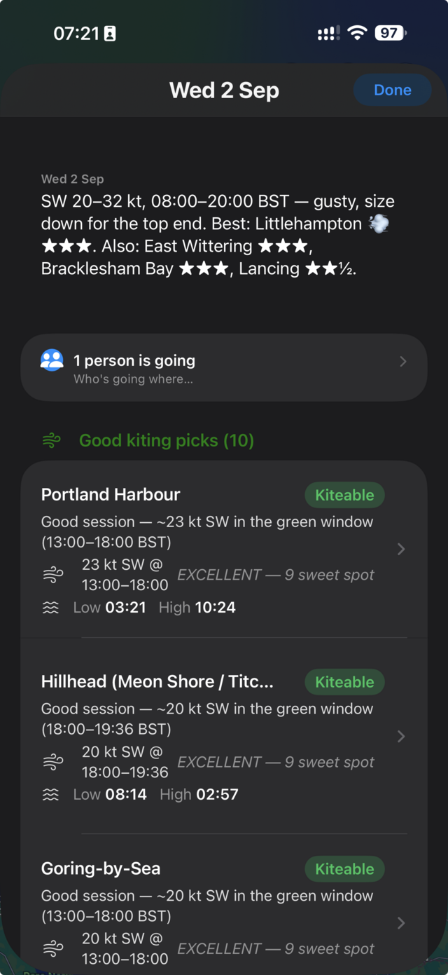 Day sheet with plain-English summary and good kiting picks