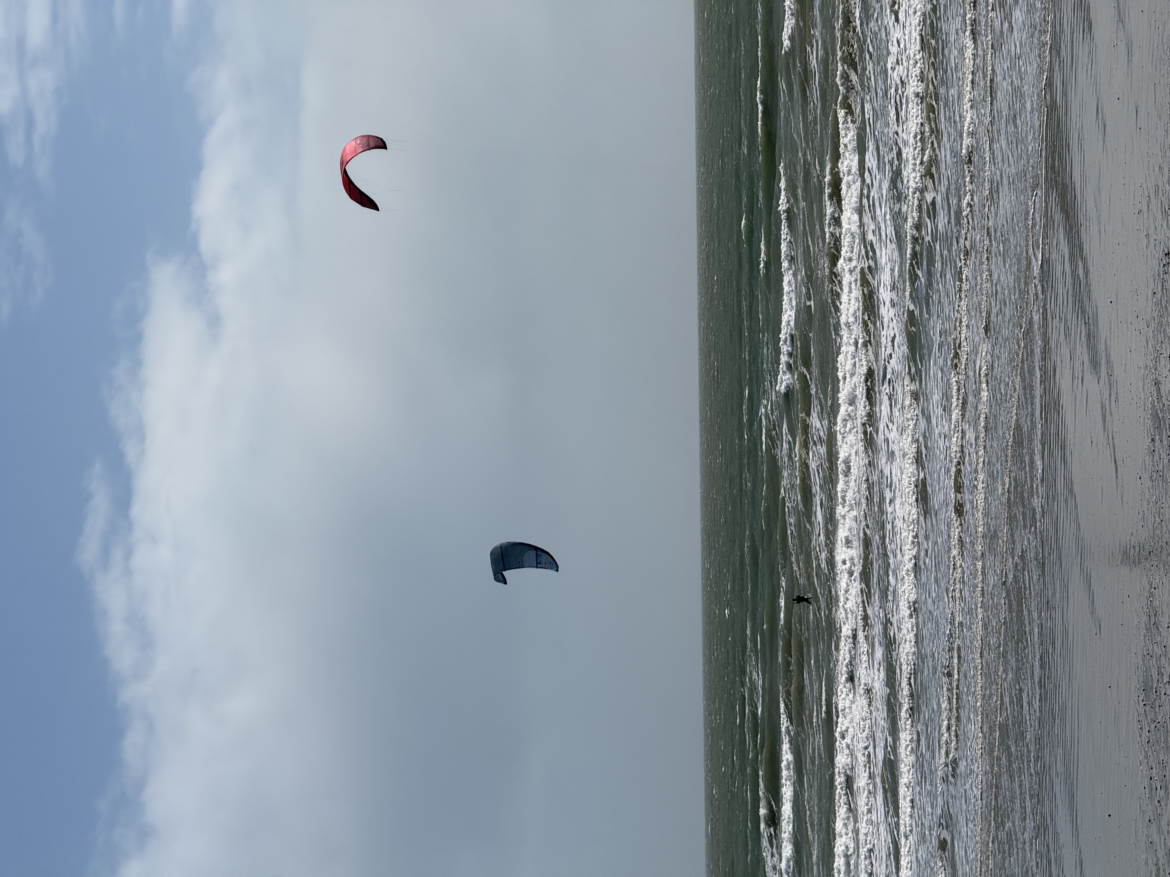 Two kite surfers out on the water at East Wittering