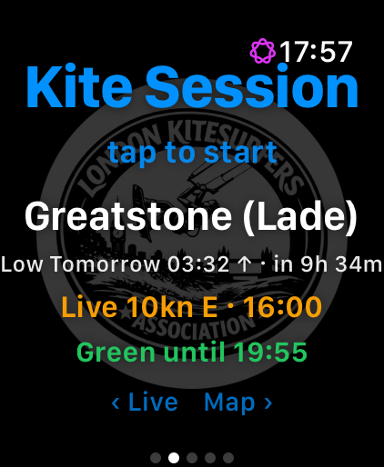 The LKSA watch home screen showing Greatstone, the next low tide, live wind of 10kn from the east and a green riding window until 19:55