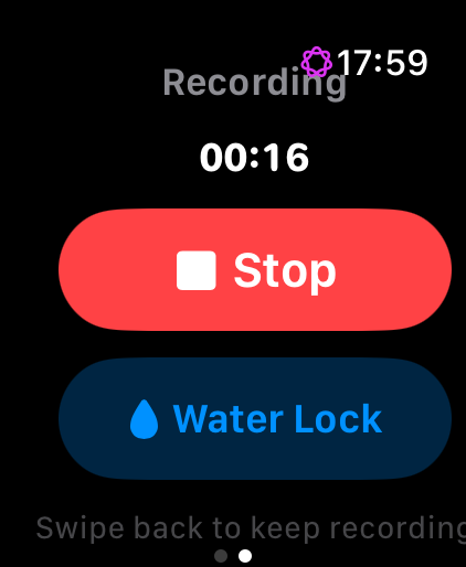 The recording controls: a red Stop button and a blue Water Lock button, with a hint to swipe back to keep recording