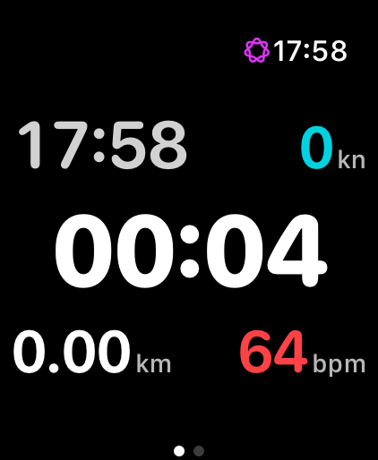Session recording in progress on the watch showing elapsed time, speed in knots, distance and heart rate