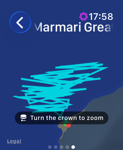 A recorded session track drawn on the watch map, tight reaches back and forth off the beach