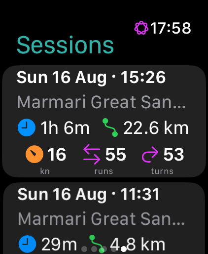 The sessions list on the watch showing a 1h 6m session with 22.6km, 16kn, 55 runs and 53 turns