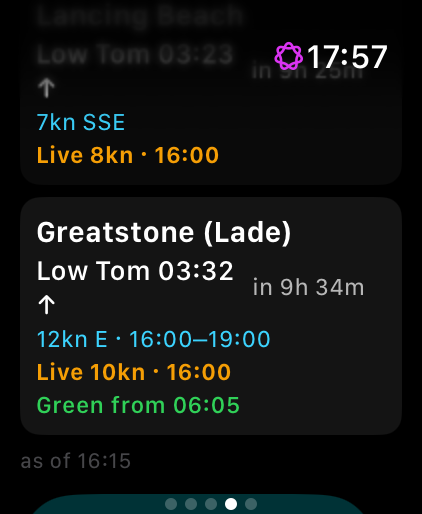 A list of spots on the watch, each showing next tide, countdown, forecast wind and the time the beach goes green